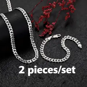 2pcs/set 925 Silver 7mm Sideways Cuban Necklace Bracelet Set for Men Women Daily Wear Birthday Party Gift Ideal Sleek Silver Plated Finish