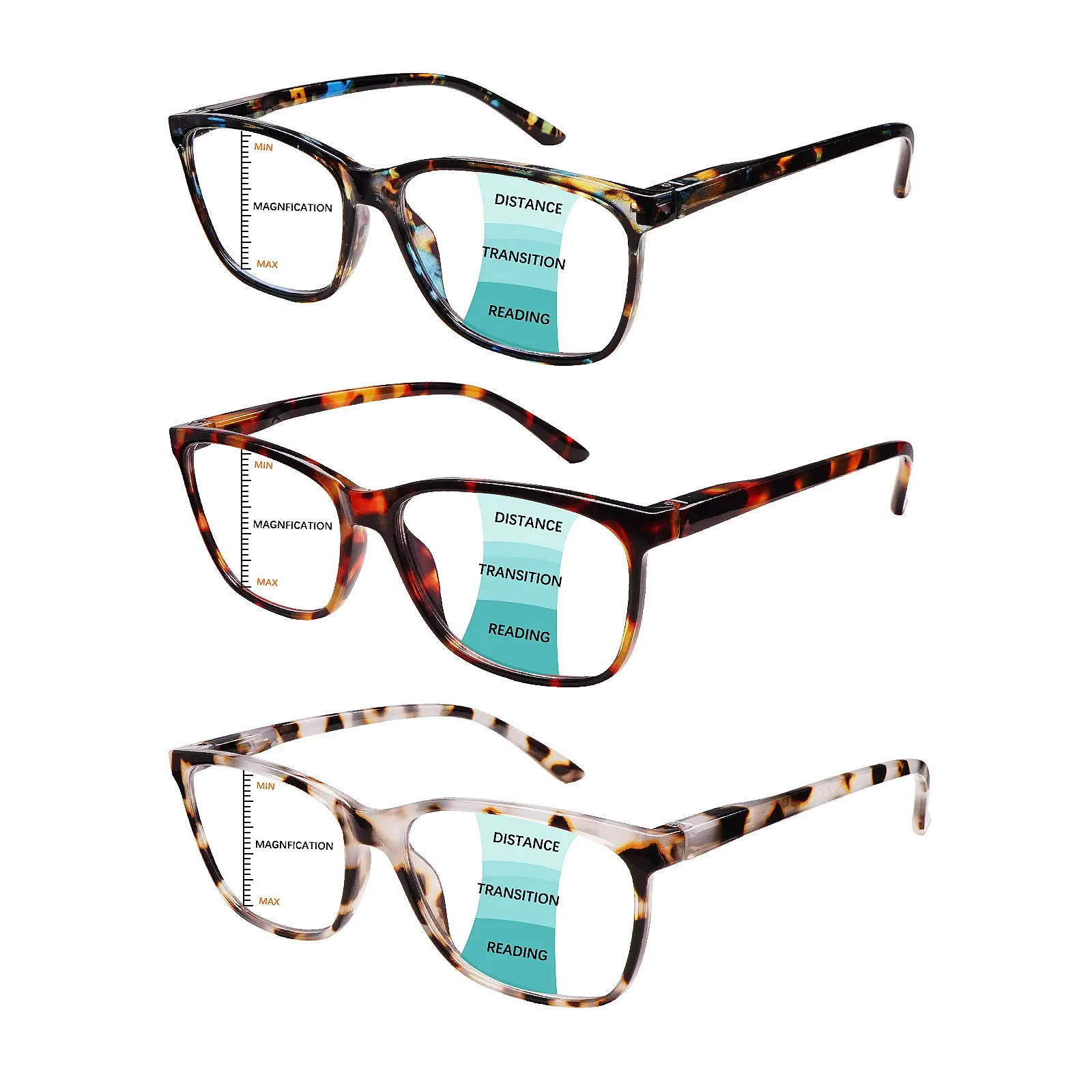 Adults' 3-Pack Classic Rectangular Progressive Multifocus Blue Light Blocking Eyeglasses - High-Quality Lightweight Durable Eyewear, 3-Tiered Visual Experience, Eye Strain Relief, Ideal for Daily Commuting, Office Use, Rectangular Eyeglasses, Lightweight,
