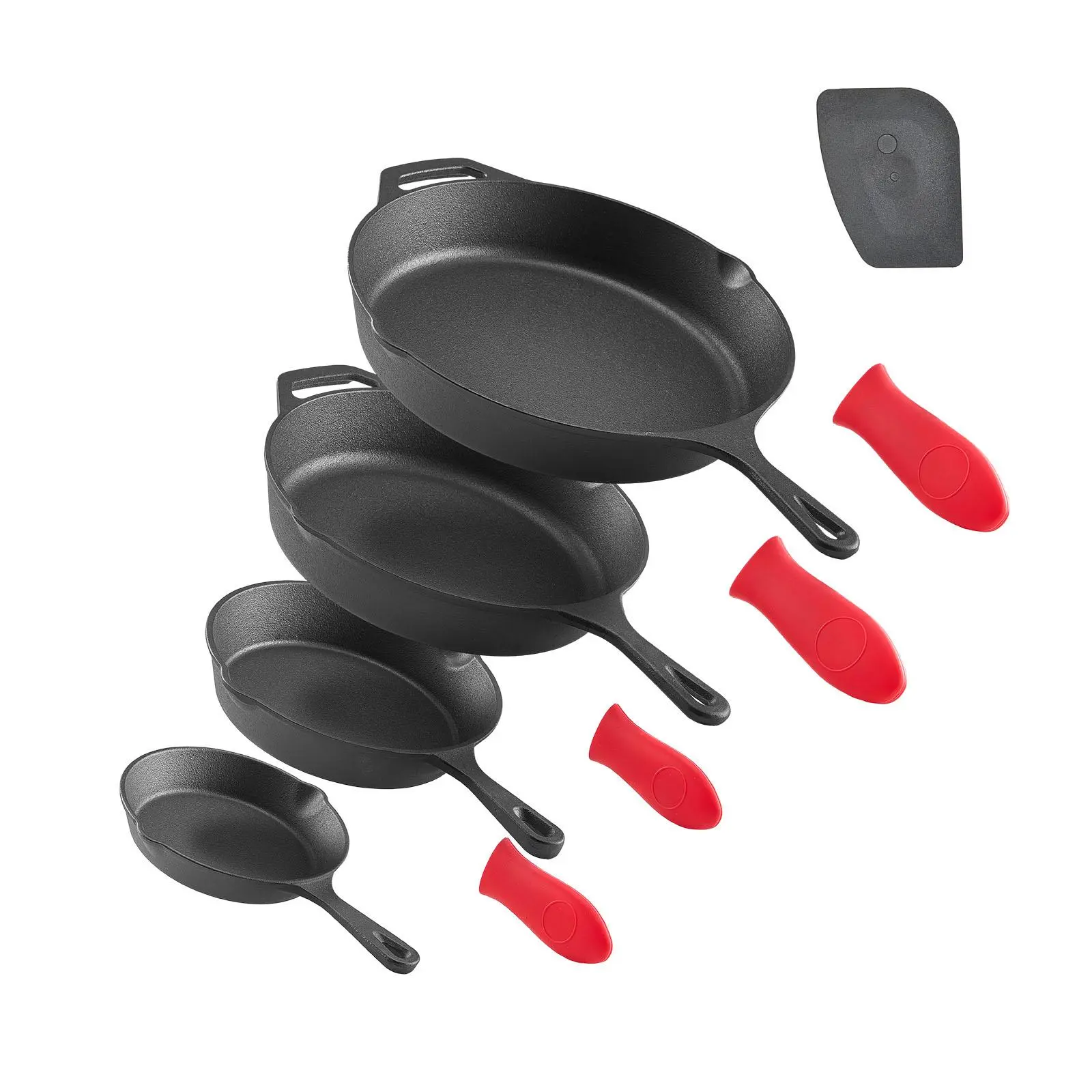 【Back to School】VEVOR Pre-Seasoned Coat 4-Piece Cast Iron Skillet Set (6,8,10,12 in) - 4 Pots with Thermal Heat Retention, Cool-Touch Silicone Handle, Multifunctional Frying Pan, Scraper-Included Sturdy Cookware for Oven, Gas, Induction
