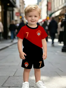 Boys' Soccer Style Short Sleeve Sports Clothing Set, Block + Team Logo Print, Casual Fitted Shorts, Asymmetrical Design, Natural Waist