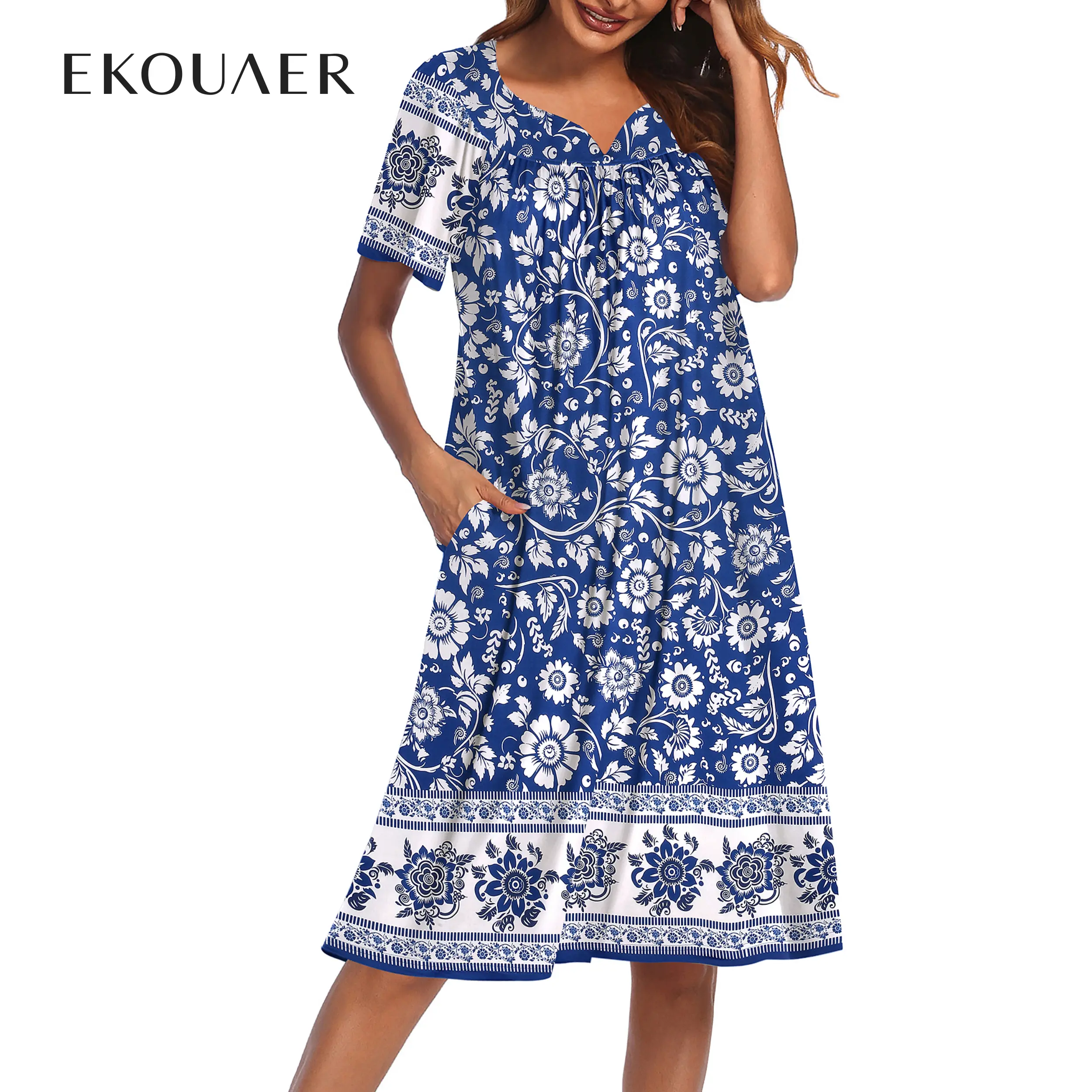 Ekouaer Women's 2026 Elegant V-Neck Short-Sleeve Polyester Blend Duster Maternity Dress - All-Season, No Fade, Floral, for Hospital Nursing, Sleep Wear, Rehab, Loungewear Dress, Below Knee