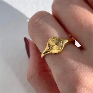 RINGLUX -  Wave Rings for Women Minimalist Dainty Rays Texture Circle Ring Stainless Steel Signet Chunky Dome Ring Jewelry