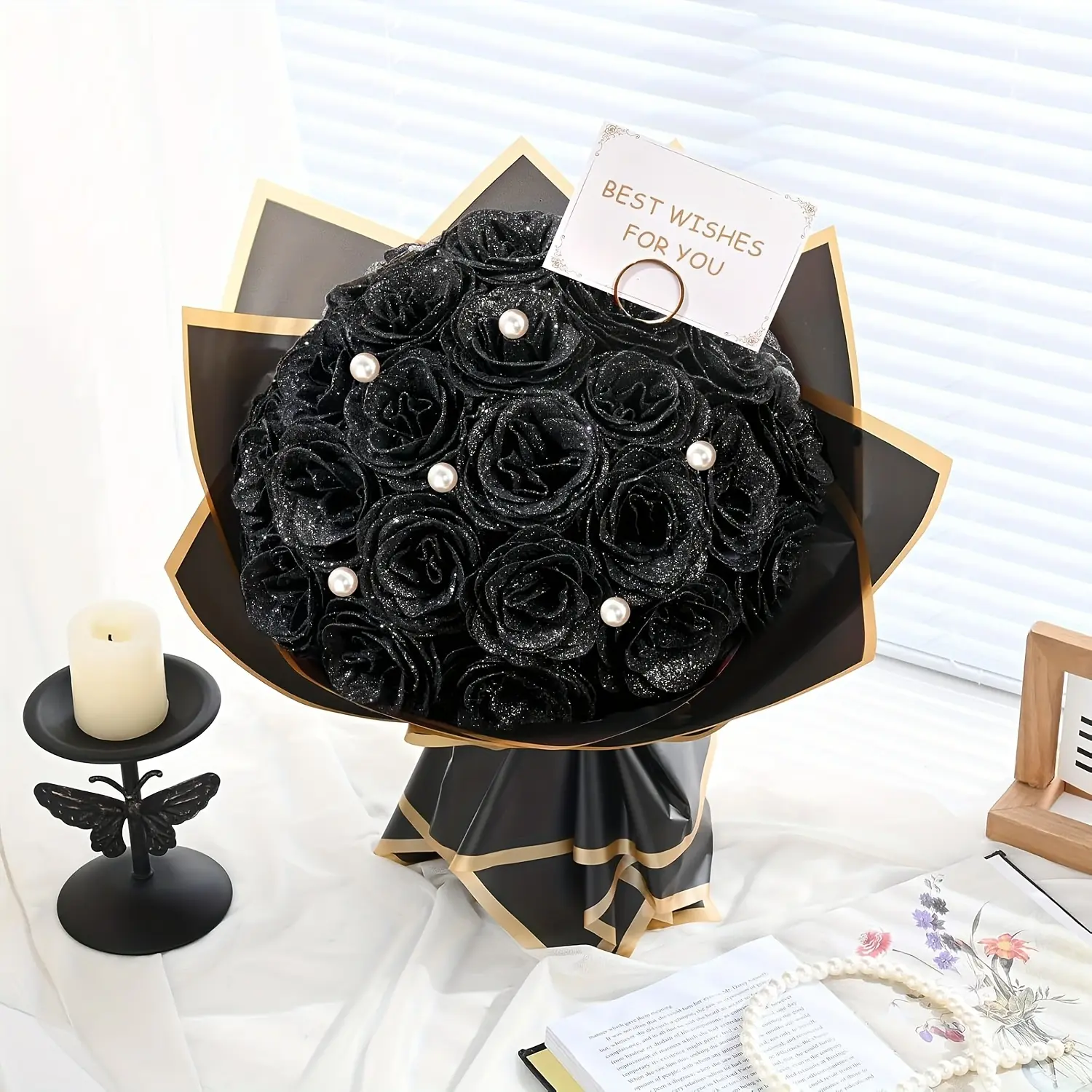 24/36pcs Realistic Artificial Roses Bouquet - Burgundy/Deep Red/Black/Golden Fake Flowers with Greenery, Eternal Shiny Lifelike Plastic Roses for Wedding, Anniversary, Party Decor, Centerpiece, Home & Event Arrangements (No Maintenance, Flower Bouquet