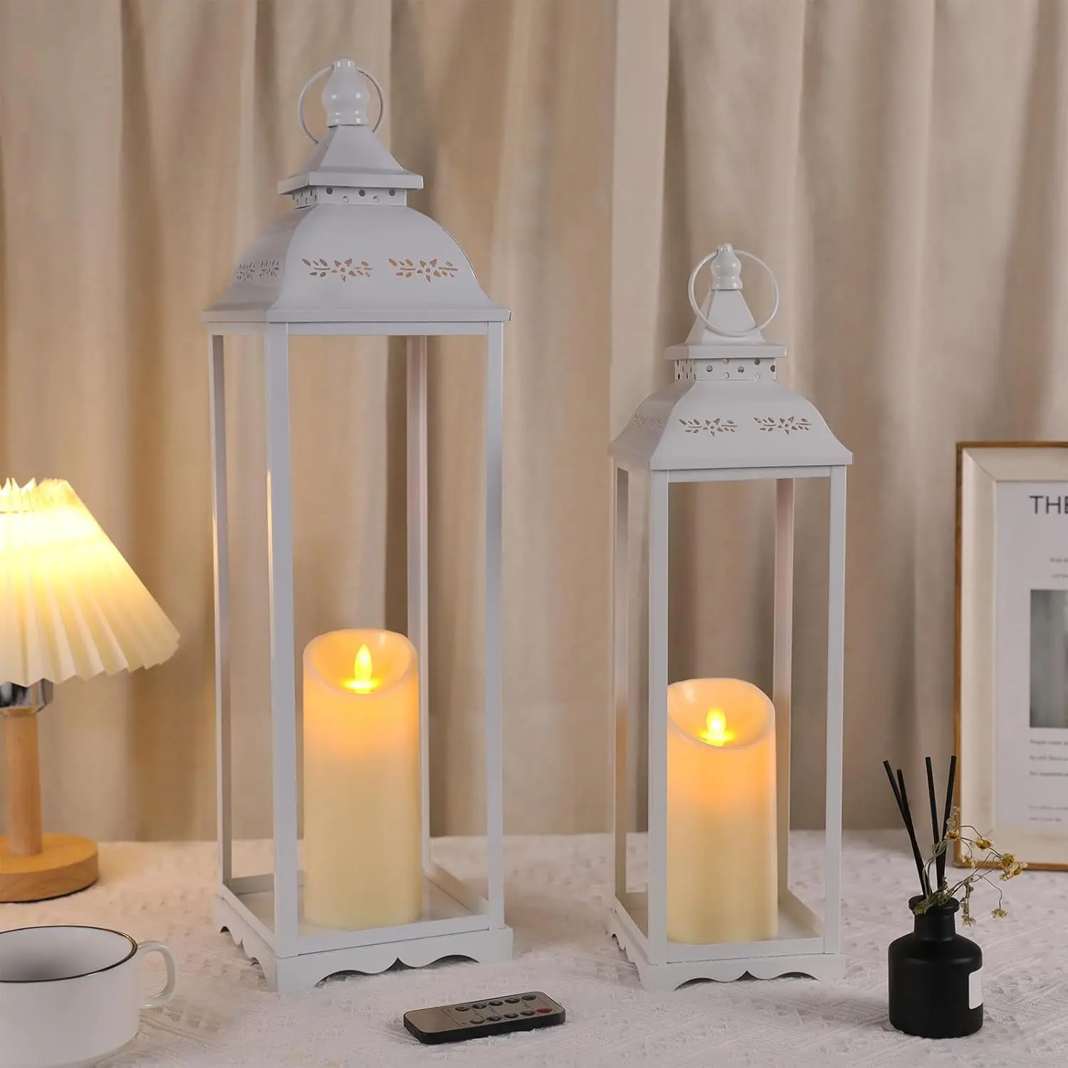 2 Pack Large Lanterns Decorative Indoor, White Tall Farmhouse Outdoor Lantern for Porch, 22'' 17'' Lantern Decor (no Glass) with 2 count Flameless Candles for Wedding  Table Front Door