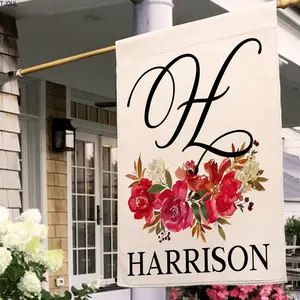 1pc Personalized Garden Flag | Small Vertical Double Sided 12.5" X 18" Porch Flags | Customize Yard House Flag | Floral Wreath Family Name With Initial | C02D07