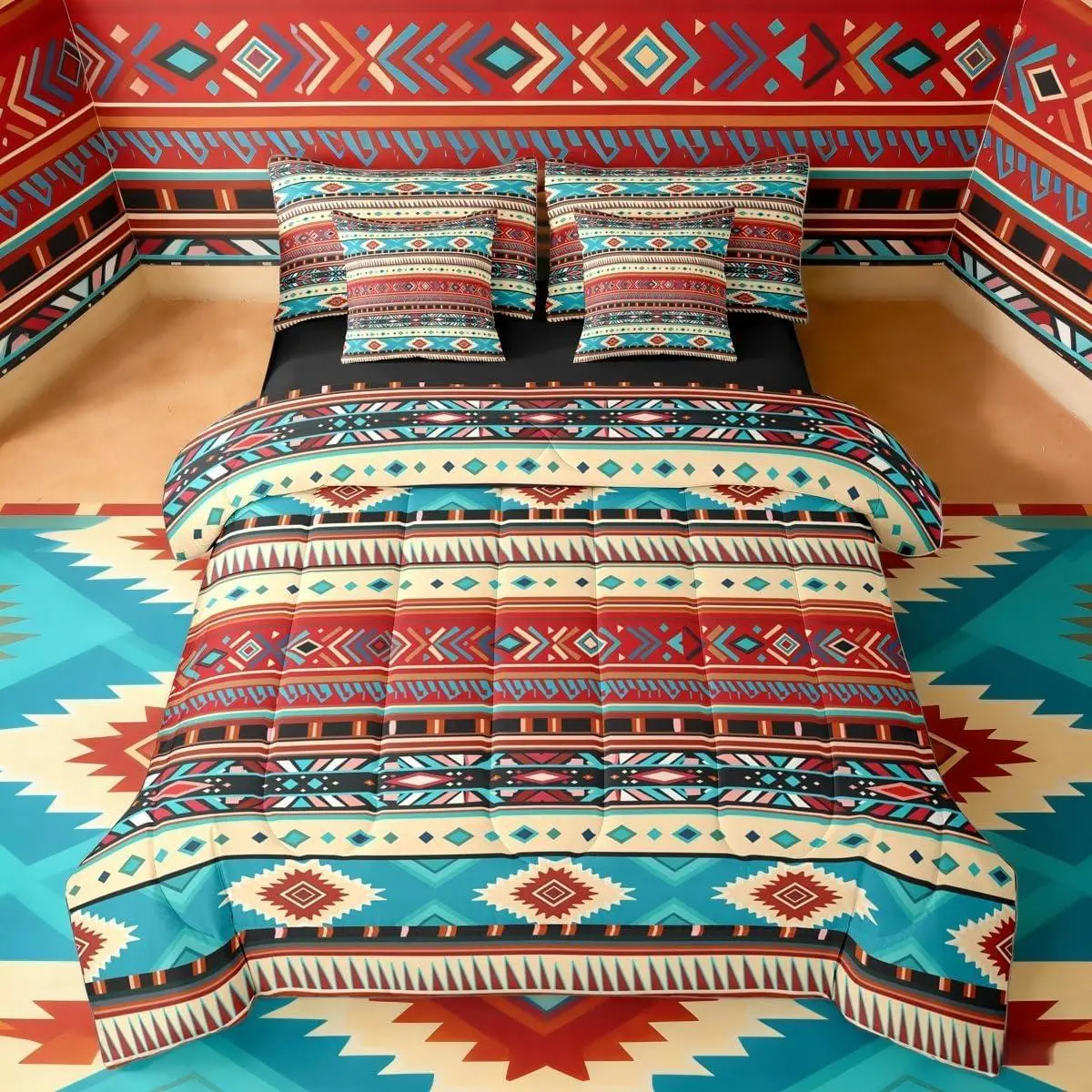 Feelyou 7-Piece White Red Blue Cowboy Aztec Queen Comforter Bed Set, Southwestern Cowgirl Tribal Bedding for Adults, Bohemian Farmhouse Style Linens, Queen Comforter Set, Bed Sheets Set, Bedroom Bedding Set