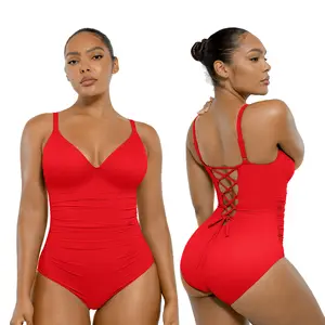 Shapellx Womens' V-neck One-piece Swimsuit  Back Drawstring Triangle-Cut Bottom Customizable Shoulder Band Removable Chest Pads