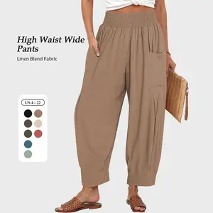 Women's Linen Blend Boho Wide Leg Pants High Waist Casual Loose Cargo Harem Trousers with Pockets for Work Travel Vacation Baggy Fit