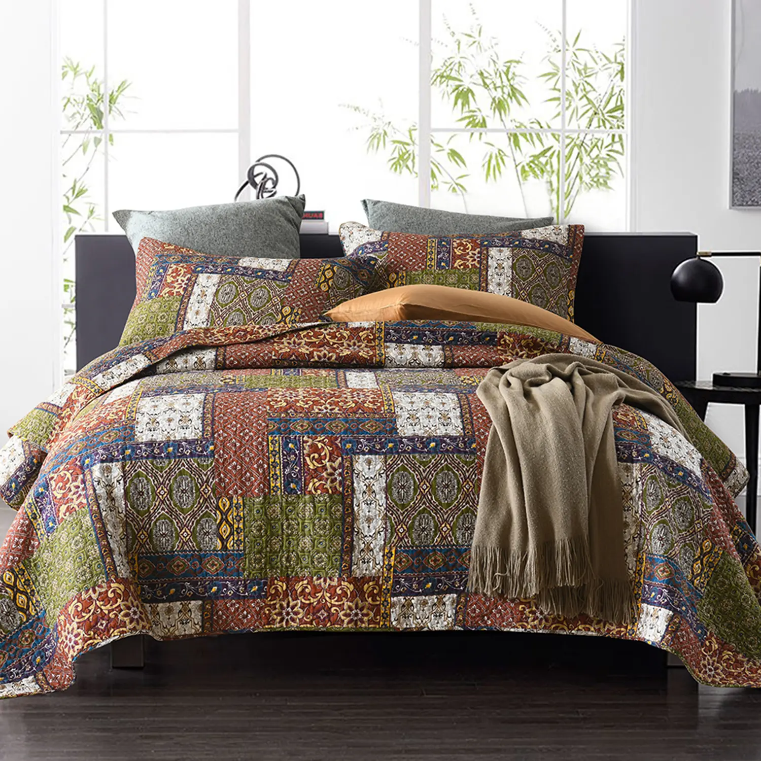 Cotton Bedspread Quilt Sets Reversible Coverlet Sets Comforters Vintage Bohemian Patchwork Bedspread (Brown, Queen Size)