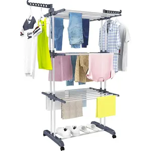 Oversized 4-Tier(67.7" High) Foldable Stainless Steel Movable Clothes Drying Rack with 4 Castors, 24 Drying Poles and 14 Hooks for Bed Linen & Clothing, Grey