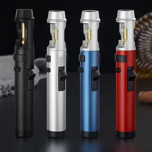 Butane Torch Lighter, Windproof Jet Flame Lighter, Refillable Metal Gas Lighter for Camping, Hiking, BBQ, Candle & Outdoor Use, Black (Gas Not Included)