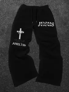 Trending Viral JESUS SAVED ME Religious Faith Black Loose Casual Long Pants Trouser JESUS SAVED ME + Thorn Cross + JOHN 3:16 Scripture + Black-White Contrast Print, Graphic Soft Fabric Casual Streetwear Essential Unisex Aesthetic Bottoms Religious Fai