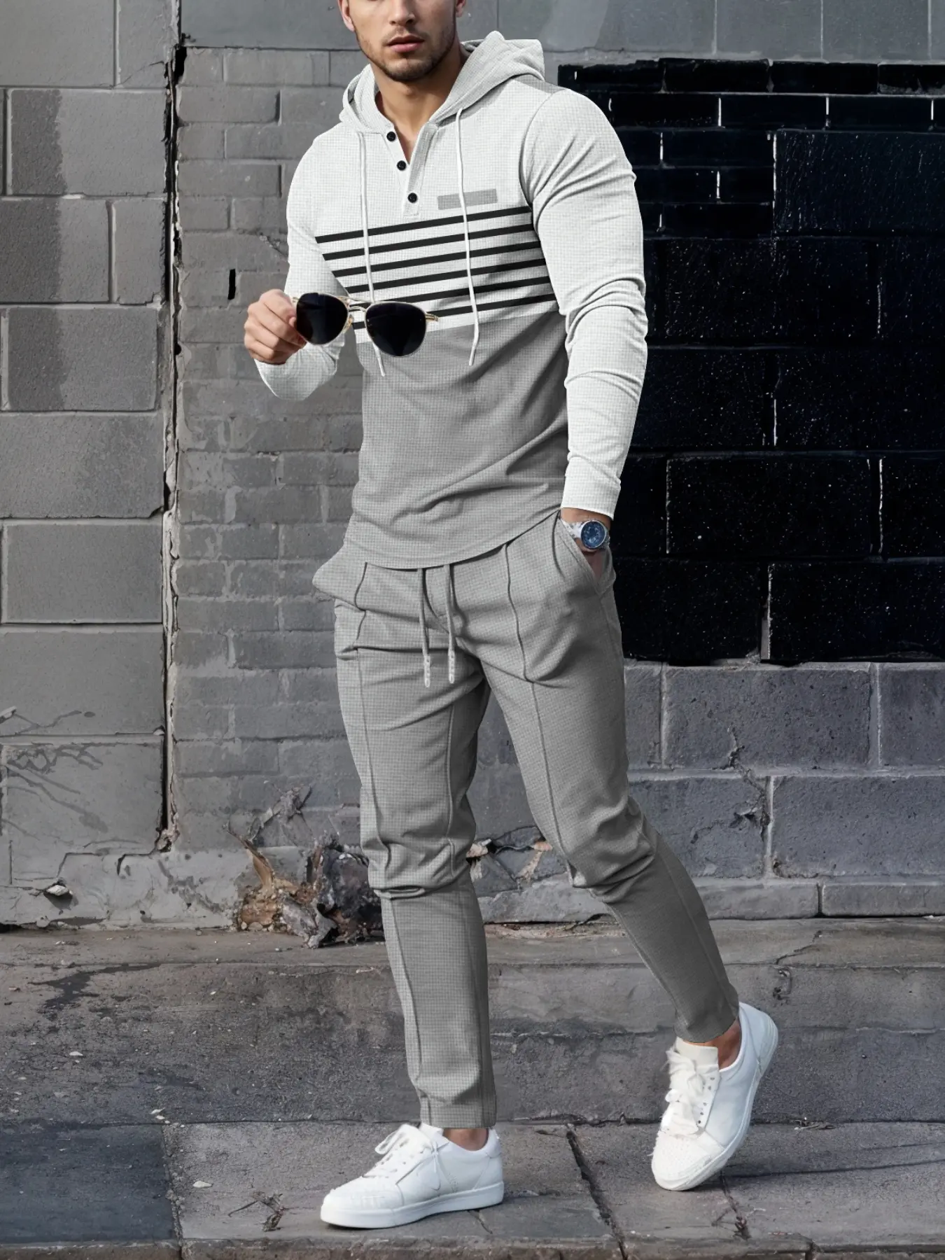 Men's Striped Hooded Sweatshirt & Waffle Knit Pants Set, Breathable Heavy Fabric, Casual Aesthetic Streetwear Travel, All Seasons Wear