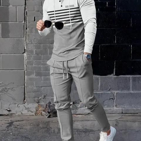 Men's Striped Hooded Sweatshirt & Waffle Knit Pants Set, Breathable Heavy Fabric, Casual Aesthetic Streetwear Travel, All Seasons Wear