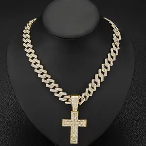 Full Diamond Alloy Cross Pendant Necklace - Men's Cuban Chain, Christian Religious Fashion Jewelry, Hip-Hop Cross Necklaces, Long Daily Wear Accessory, American Rap Trend Gift, Hip-Hop Necklaces