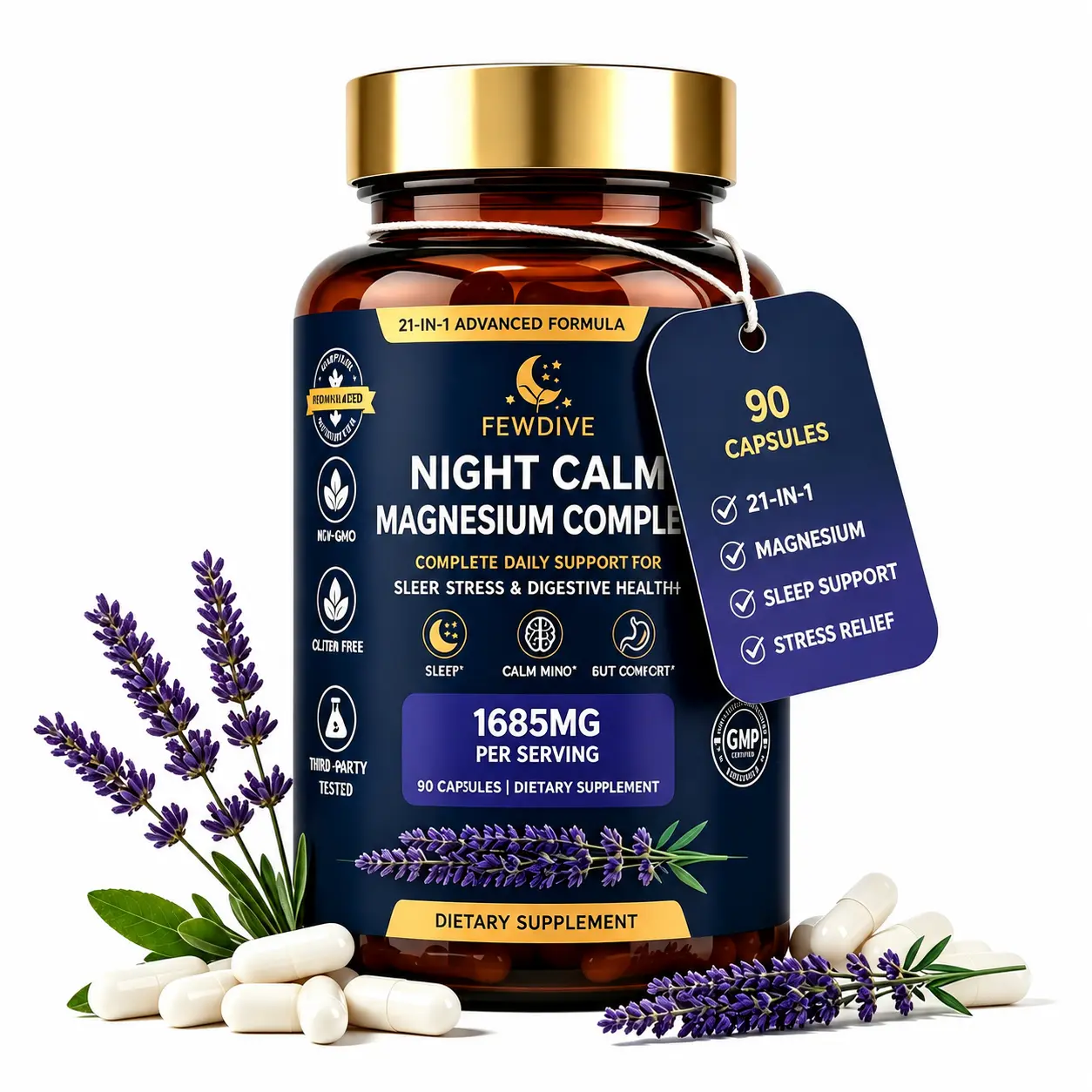 FEWDIVE 21-in-1 Magnesium Complex 1685mg | Stress Sleep Wellness, Muscle Function & Digestive Health, Magnesium with Zinc & B6 | Memory Support Aid, Calm Mood Digestive Relief Supplement Daily Support for Focus | 90 Capsules*