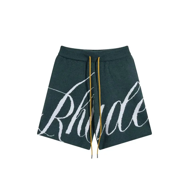 RHUDE Summer Letter Jacquard Drawstring Knitted Wool Casual Loose Shorts Simple Pants Men and Women Summer