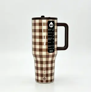 HydroJug 40oz Brown Gingham Tumbler Stainless Steel Insulated Travel Mug Leak-proof Keeps Drinks Cold 24H BPA-free Flip-top Lid Straw Handle Drinkware Flask Drinkware Flasks Bottles Bottled Portable
