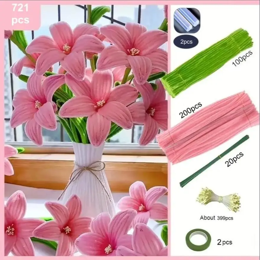 721 Pieces Twisty Stick Lily Flower Craft Kit, DIY Floral Decoration, DIY Handmade Bouquet Material Pack, Perfect for Mother's Day, Graduation Gifts, Valentine's Day