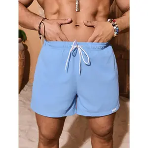 Men's Beach Shorts Drawstring Waist Front Tie Pocket Geometric Print Liner Resort Casual Hawaiian, Light Blue Swim Trunks