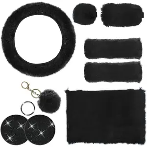 10 count   Accessories Set, Furry Steering Wheel Cover with Warm Fuzzy Gear Shift Cover Ball  Handbrake Cover Console Seat Belt  Pads &   Ring Cup Mats (Black)