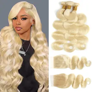 613 Bundles Human Hair Blonde Body Wave Human Hair 3 Bundles with 4x4 Transaprent Lace Closure 100% Unprocessed Virgin Human Hair Weave Extensions with Closure
