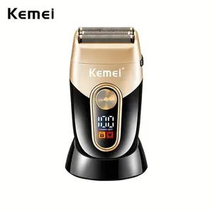 Kemei Rechargeable Barber Foil Shaver Shaper Finishing Blending Bald Head Razor 3 mesh blade Super Close Shave with Charge Stand