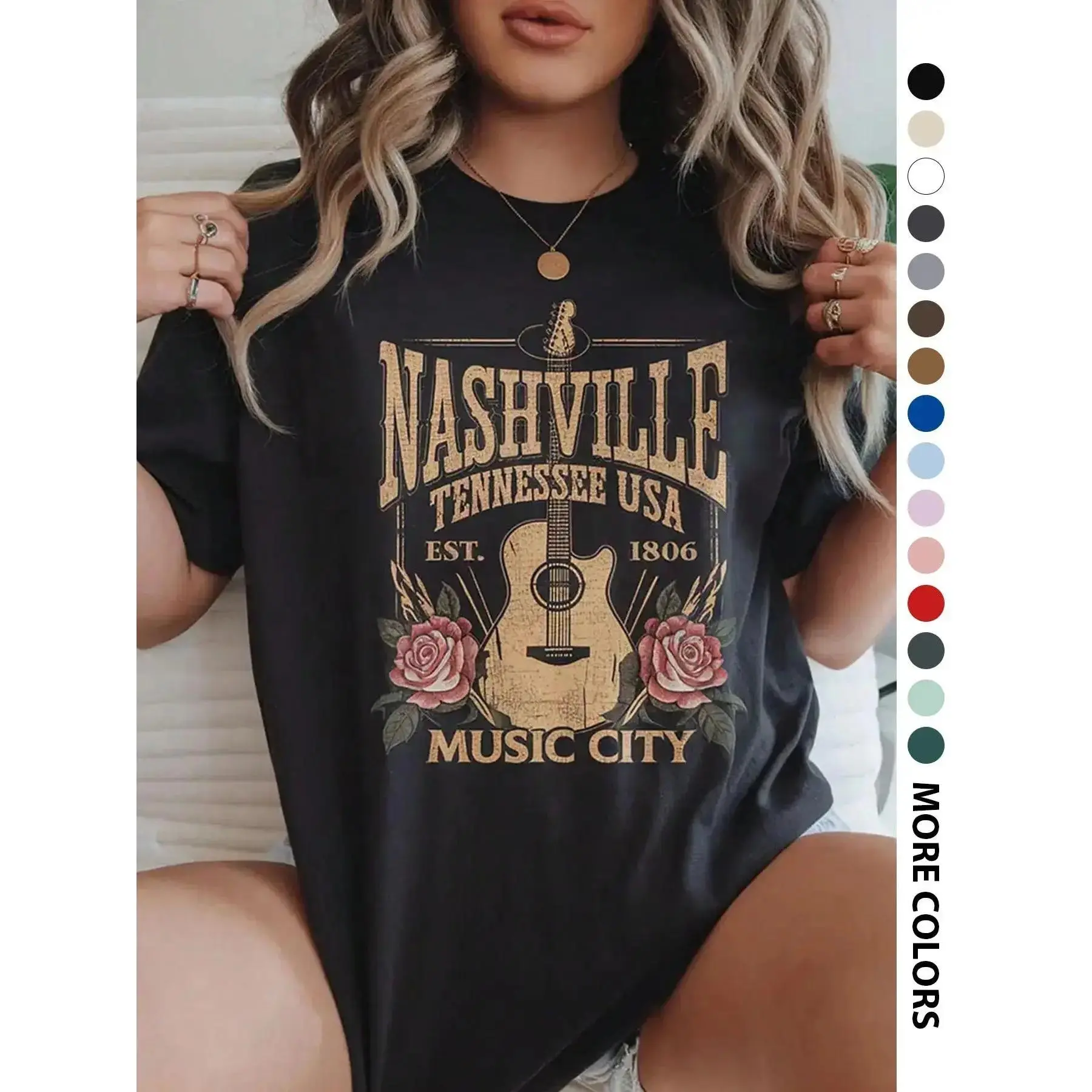 Women's Nashville Graphic T-Shirt, Vintage Country Concert Top, Oversized Short-Sleeve Lightweight Cotton with Guitar Rose Print, Shortsleeve, Tshirt, Vibe, Round Neck, Style, Country Concert Outfit, Lady, Streetwear, Girl, Casual, T Shirts, Alternative S