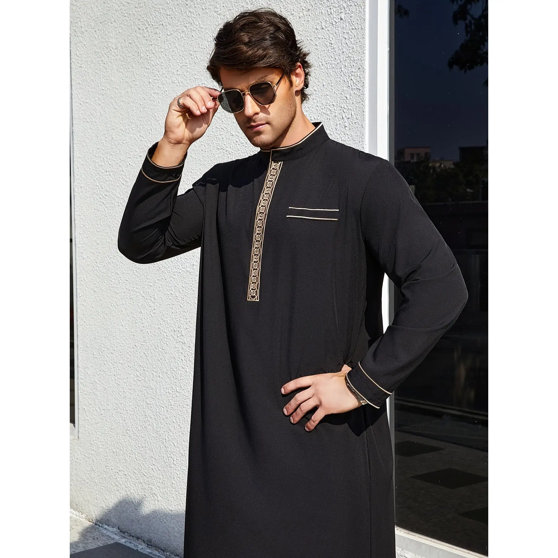 Elegant Men's Light Blue Embroidered Golden Stand-Up Collar Islamic Arabian Kaftan Dress - Long Sleeve, Loose Fit, Polyester, Geometric Pattern, Faux