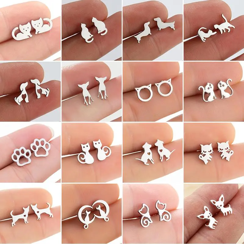 Cartoon Animal Earings Multiple Stainless Steel Cat Stud Earring for Women Girls Small Dog Paw Ear Studs Funny Jewelry Oorbellen