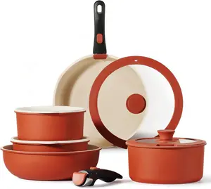 CAROTE 11pcs Pots and Pans Set, Nonstick Cookware Set Detachable Handle, Induction Kitchen Cookware Sets Non Stick with Removable Handle, RV Cookware Set, Oven Safe, Red Lids Fry