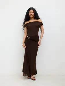 Cider Mesh Asymmetrical Neck Ruched Draped Maxi Dress