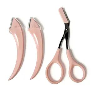 Beginner Friendly Eyebrow Shaving & Trimmer Kit, Bathroom Beauty Accessory, 2 Pink Curved Razors + Eyebrow Scissors, Stainless Steel Blades, No Cuts, Clean Shaping, Neat Brows, Pro Artist Pick Eyelash Tools Makeup Tools Set