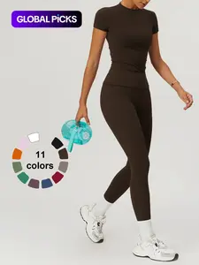 Women's Two-piece Round Neck Tee & High Waist Leggings Set, Sportswear Set, Fitness Outfits, Sporty Breathable Quick-Drying Outfits for Yoga Gym Workout Running Cycling Wear, Workout Running Clothes, Workout Sets