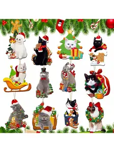 24 Pcs Christmas Cat Wooden Hanging Ornaments, Christmas Tree Wooden Decorative Pendant, Cat Ornaments for Christmas Tree Ornaments Set, Cat Decor for Cat Lovers Home Decor Gifts