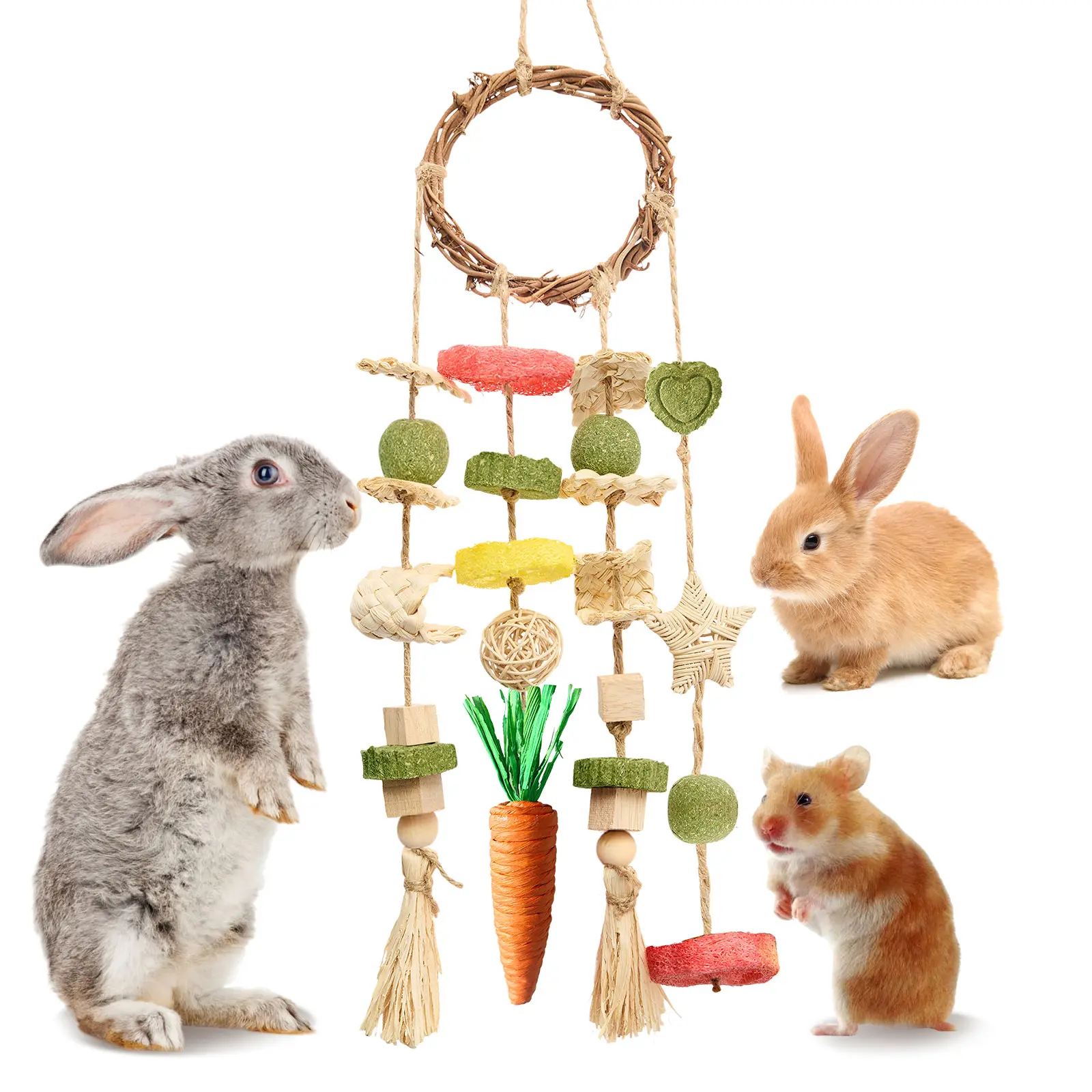 Rabbit Chew Toys for Teeth Health, Rabbit Supplies Hanging Rattan Ring with Snacks for Small Rodent Pets Bunny Cage Accessories