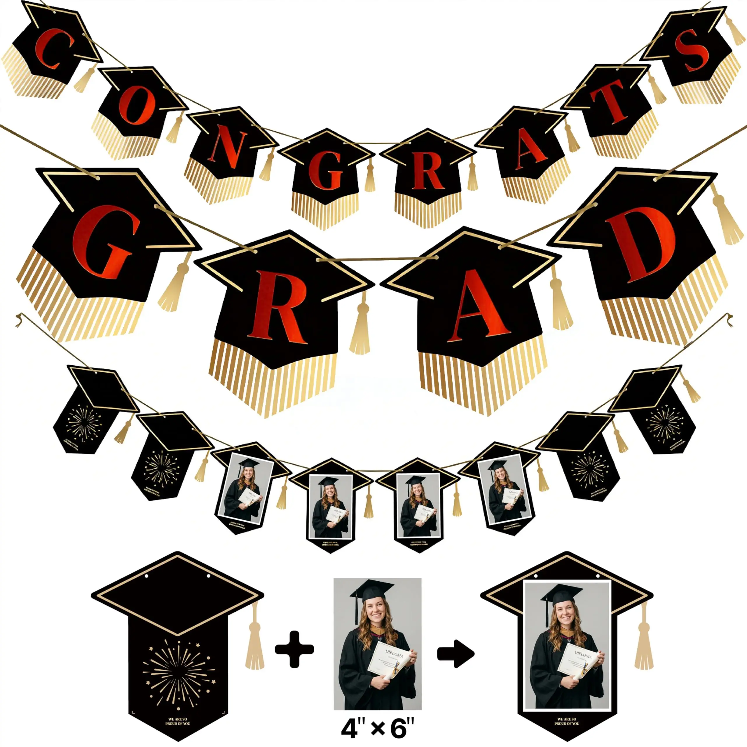PartyWoo 2026 Graduation Banner Decorations (2pcs, Black & Red) – Hanging Congrats Grad Banners, Gift for High School & College Graduation Party Supplies, Graduation Decorations 2026