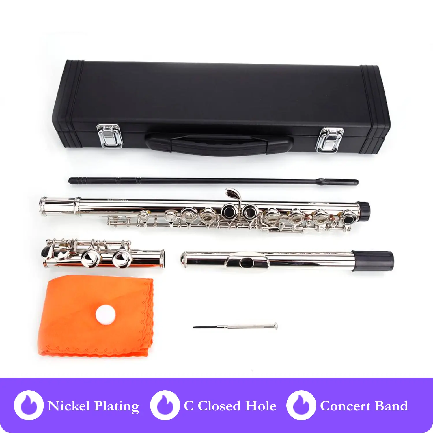 C Closed-Hole Concert Band Flute - Nickel-Plated with Silver Accents, Professional Woodwind Instrument for Musical Enthusiasts