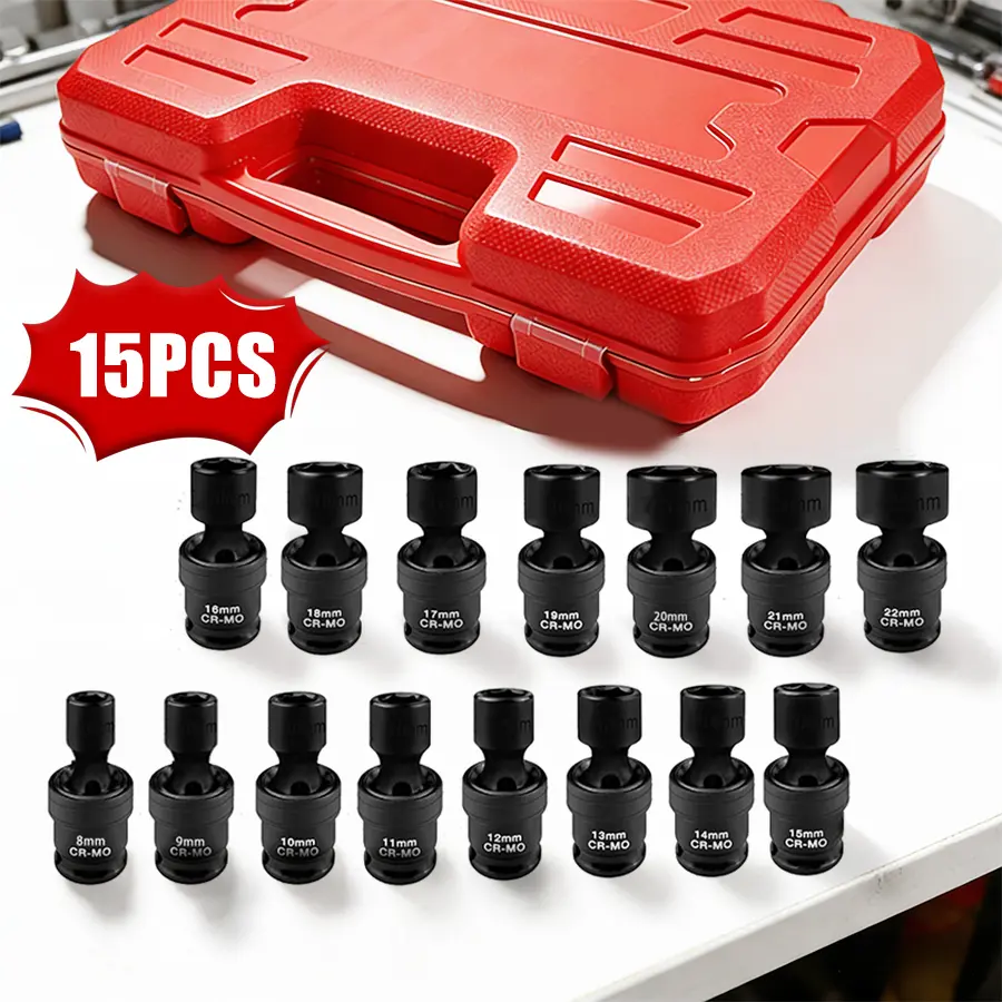 15PCS 3/8" Drive Shallow Universal Impact Socket Set,Swivel Socket Set,Metric Flexible Wobble Sockets, CR-MO,8-22mm, 6 Point#summerfinds