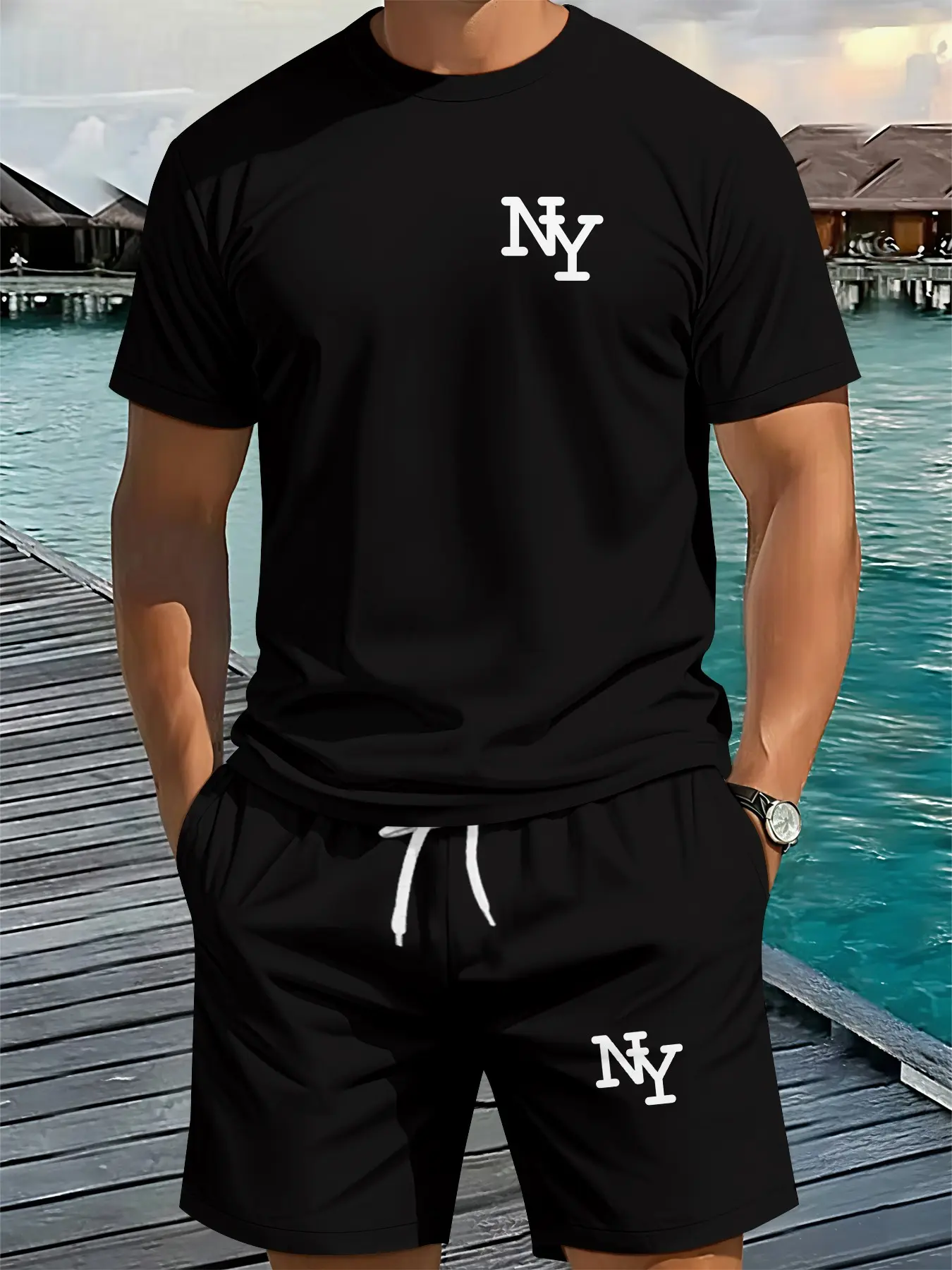 3D Digital Printed Two-piece Set with Round Neck and Black NY Letter Print, 2Pcs, Trendy Fashion Suit, Trendy Retro Casual Two-piece Outfit, Vacation-style Trendy Wear, Breathable Sports Casual Style, Perfect Festival Gift for Men