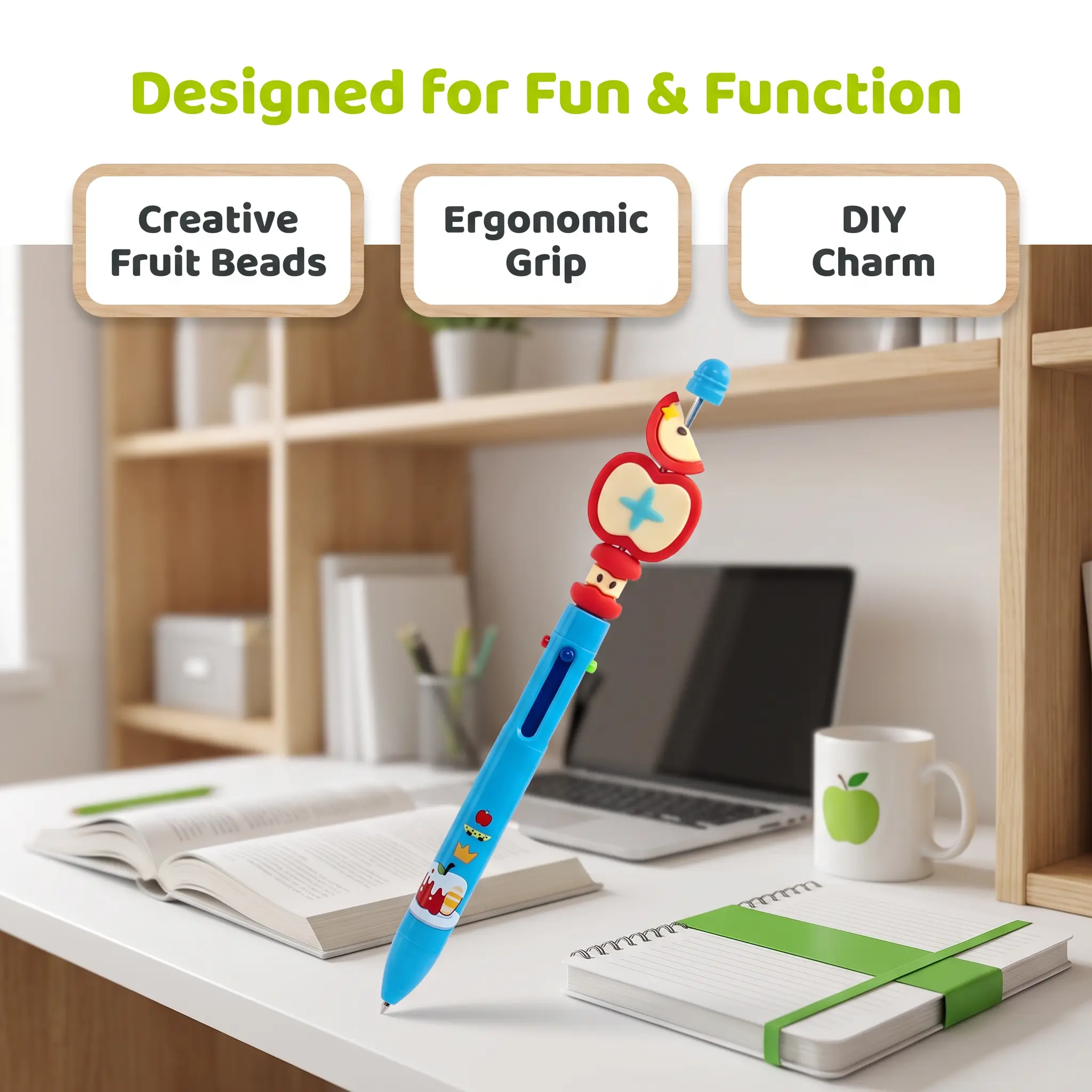 【SummerWins】Cartoon Apple Beaded 4-Color Ballpoint Pen, Retractable 0.5mm Fine Point Multi-Color Pen with Fruit Charms, Blue Green Black Red Ink for Note-Taking & School Supplies (1 Pen, Apple Party Series)