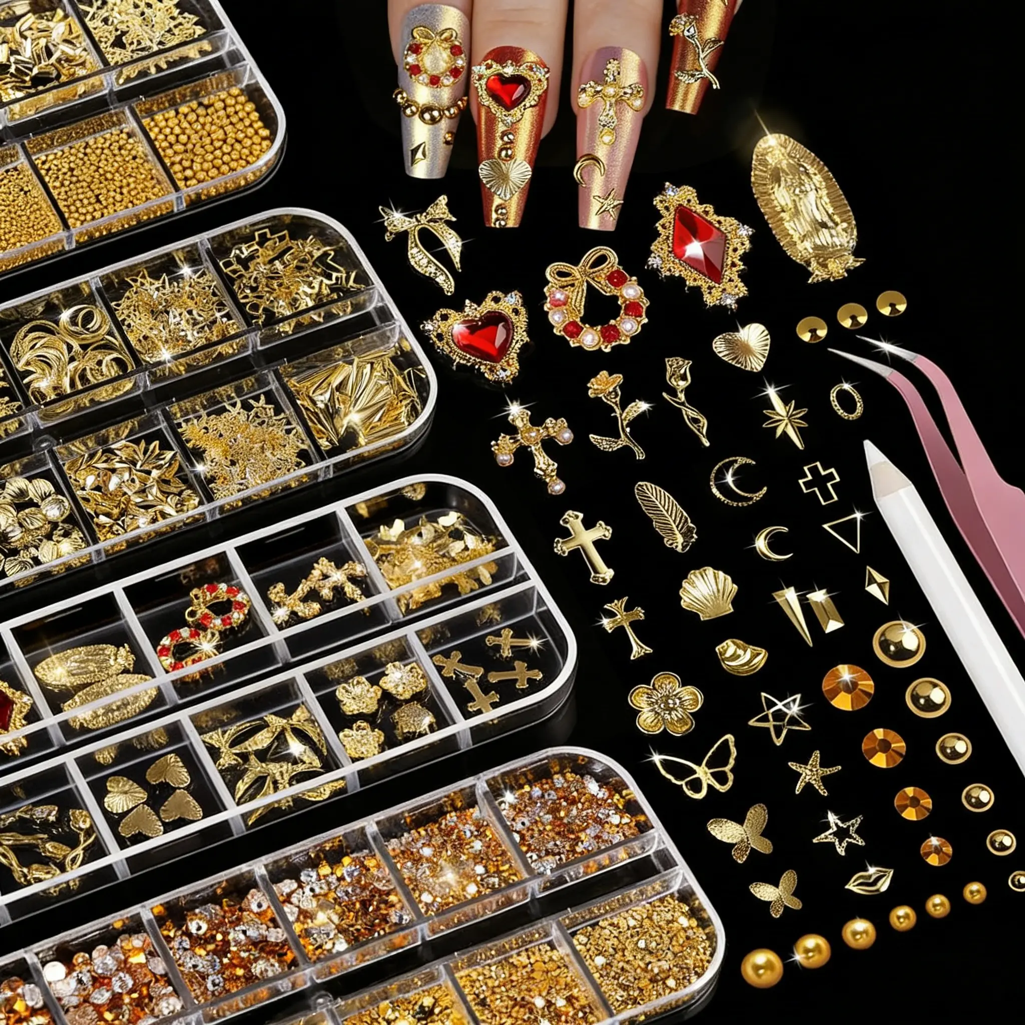 American-style golden nail accessory set, including 4 boxes of nail gemstones, nail pearls, 3D spiral nail accessories, heart-shaped styles, crystal nail set and nail art accessories, DIY handmade nail decoration set, Diy Kits, Golden Shine