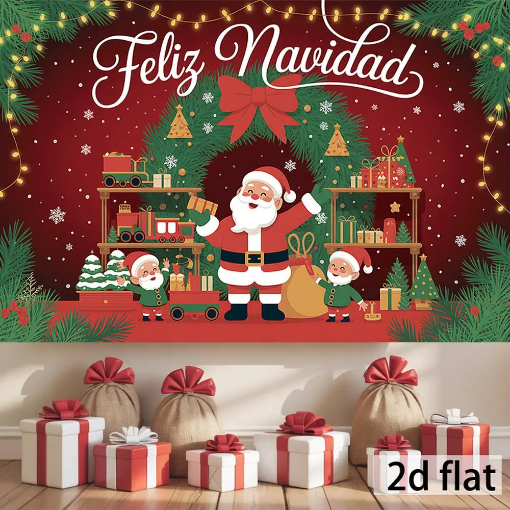 1pc Large Durable Soft 2D Flat Glam Spanish Christmas Wall Hanging Flag - Santa Claus Gifts, Snowflakes, Vibrant Mixed Colors, White Ornaments Festive Background, Printed Design, Indoor/Outdoors Holiday Home Textile Decoration