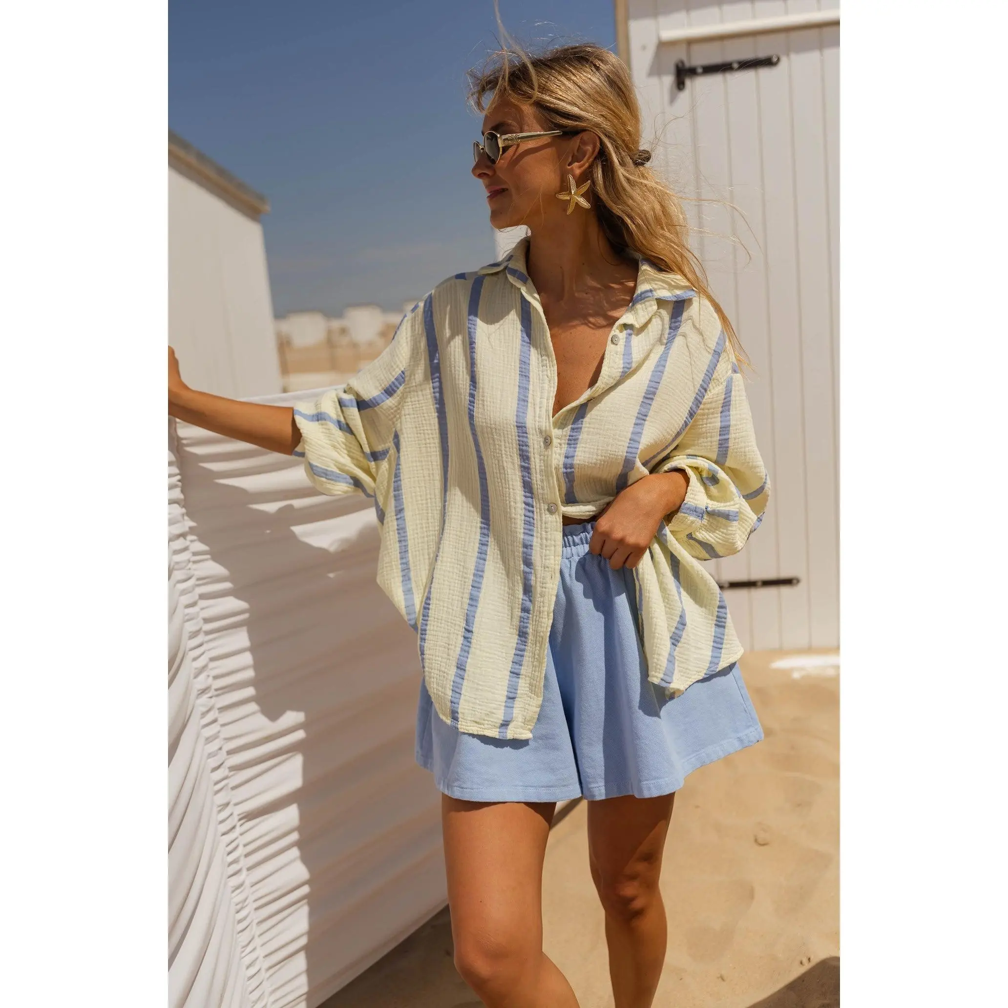 EASY CLOTHES Women's Yellow and Blue Amelie Blouse, Casual Lightweight Top Suitable for Pairing with Shorts