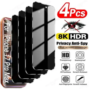 4pcs Anti-spy Privacy Protective Screen Protector for iPhone 17 Air/17/16/15/14/13/12/11/Pro/Pro Max/Plus/Mini/16e/XR/X/XS/XS MAX/7/8/SE,Full Coverage,High Definition Clarity,9H Hardness,Anti-Scratch,Touch Sensitive,Easy to Install