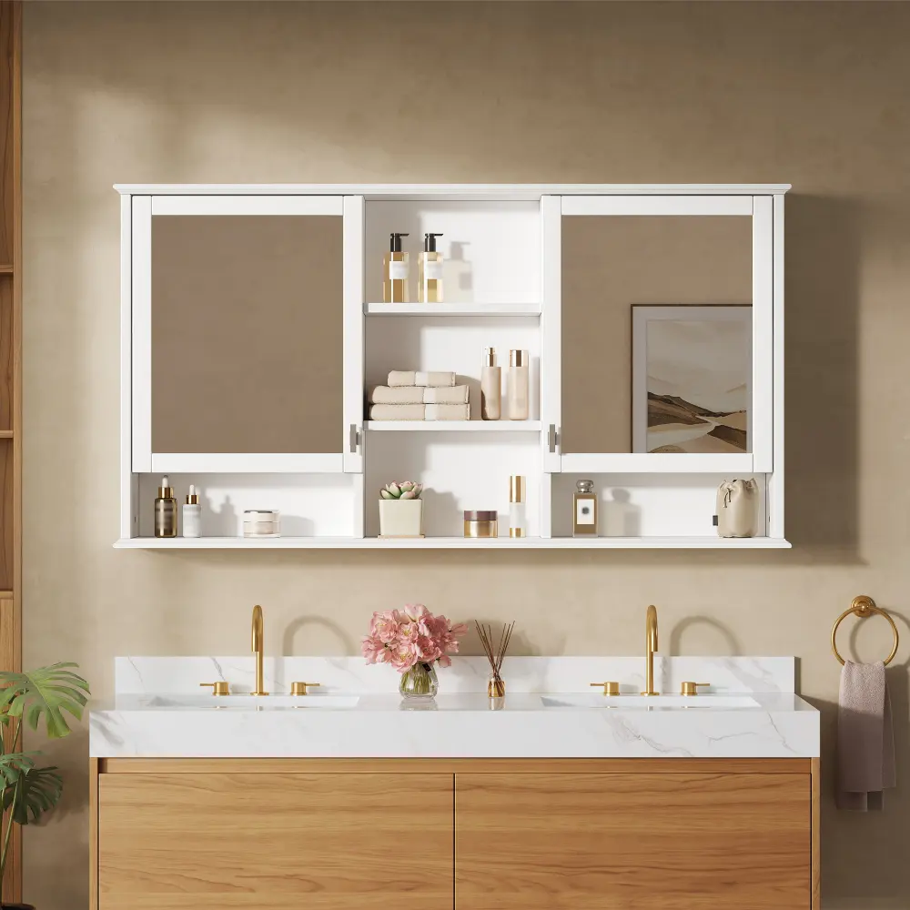 55-in Contemporary Wall-Mount 2-in-1 Medicine Cabinet with Painted Finish, Adjustable Shelves, Soft-Close Hinges, High Def Mirrors, Sliding Doors, 5-10 Kg Capacity, Vanity Organization, Assembly Required for Bathroom