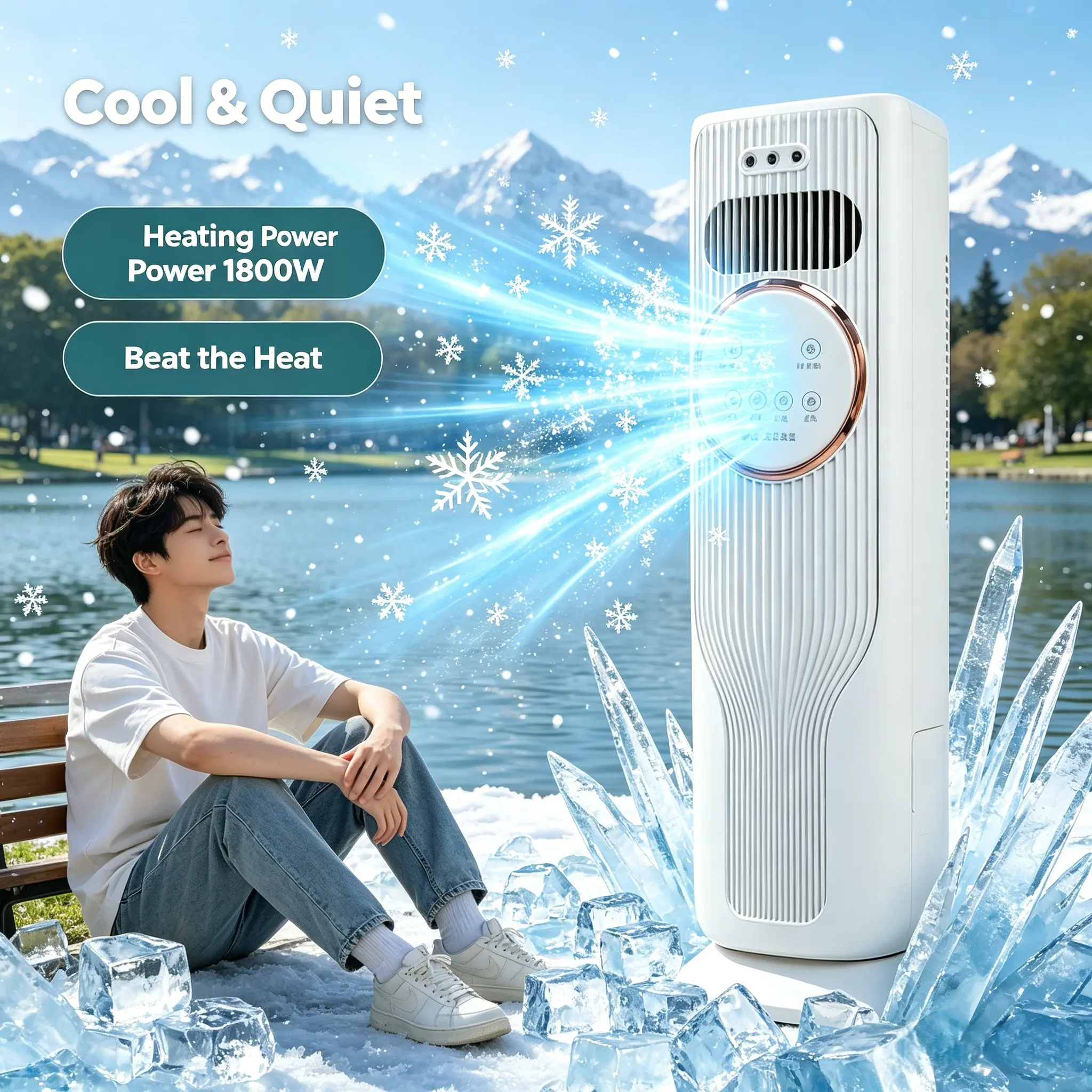 1800W Multifunctional Bladeless Tower Fan - Dual-Use Heating & Cooling, Portable Multi-Purpose Evaporative Ice Air Cooler with Adjustable Temperature, Low-Noise Standing Fan for Bedrooms, Indoor Household Use, Cooling Power