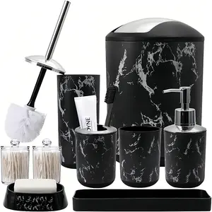 Marble Bathroom Accessories Set of 9, Bathroom Set with Trash Can, Vanity Tray, Soap Dispenser, Soap Dish, Toothbrush Holder, Water Glass, Toilet Brush and Qtip Holders,Elegant and Functional Décor Set (White/Black)