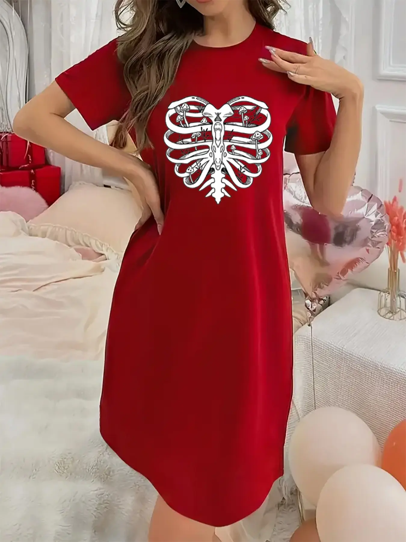 Soft and Slightly Stretchy Women's Underwear Ribcage Mushroom Fantasy Pattern Short Sleeve Crew Neck Nightgown, Sexy Elegant Youthful Women's Christmas Dress, Perfect for Halloween, Christmas, and Thanksgiving Gifts