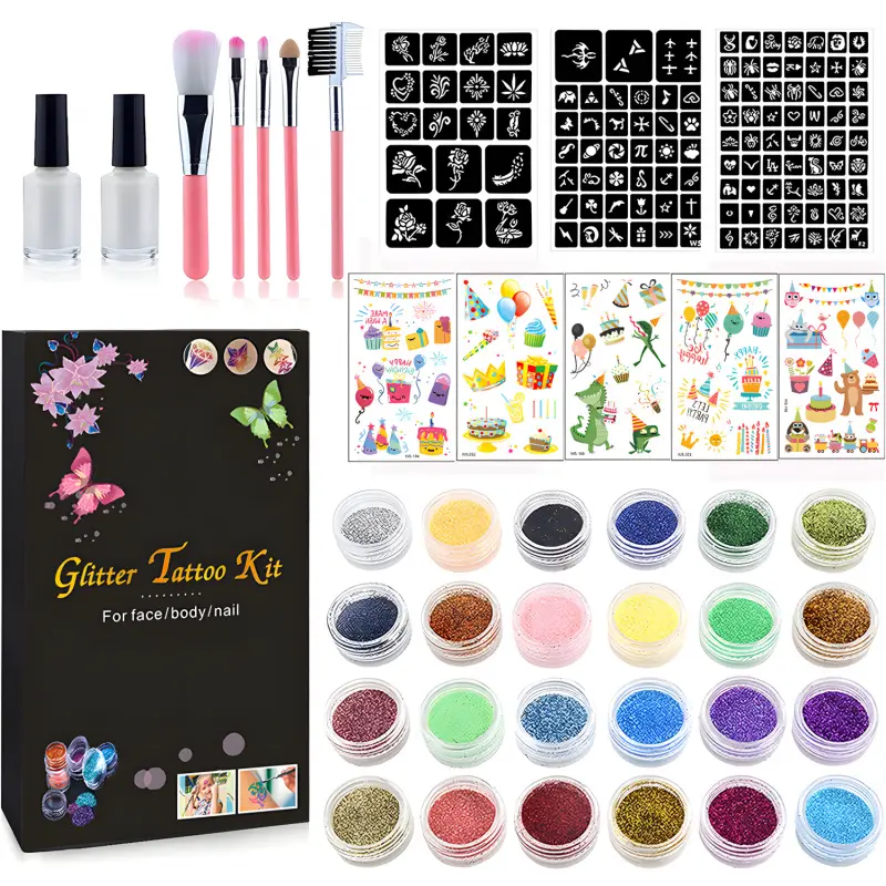 Temporary Glitter Tattoo Kit, 24 Glitter Colors Glitter Tattoo Kit, Sparkly Shimmer, Glitter Shiny, Glitter Sparkle, With Unique Stencils,Glue,Brushes,Stickers, Glitter Tattoos, Body, Adults, Boys Girls, Children, Birthday Party, Festive Christmas gift